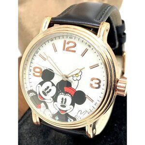 Disney Men's Watch W001855 Mickey & Minnie Mouse Quartz 44mm Black Leather Band